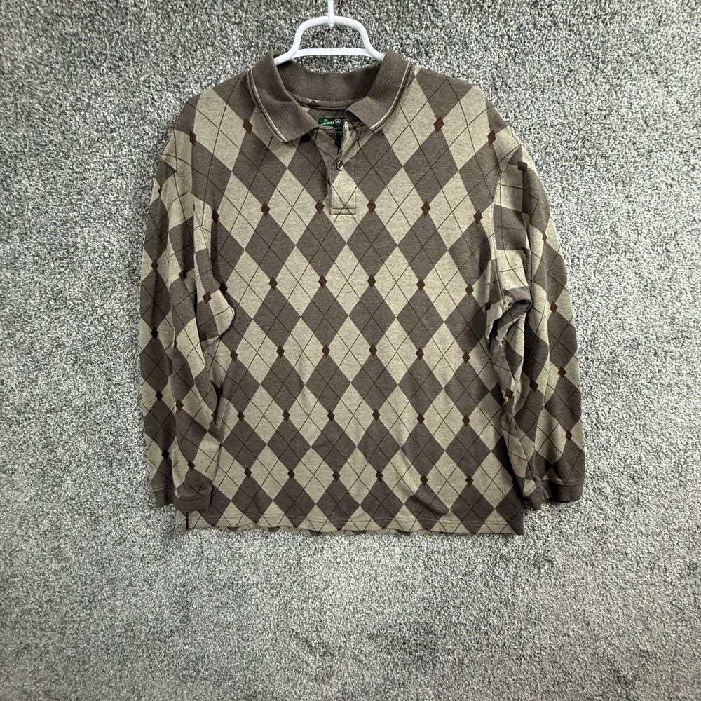 David Taylor Collection Mens XL Brown Argyle Long Sleeve Polo Shirt Cotton Blend